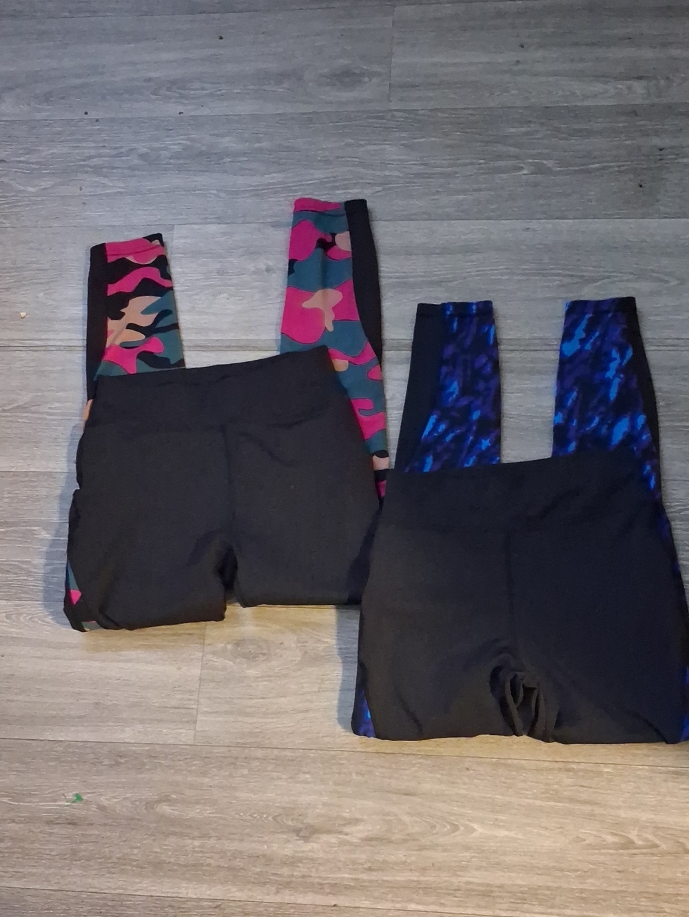 POP Fit  Black Leggings with Pink/Teal Camo & Blue Print Panels Bundle